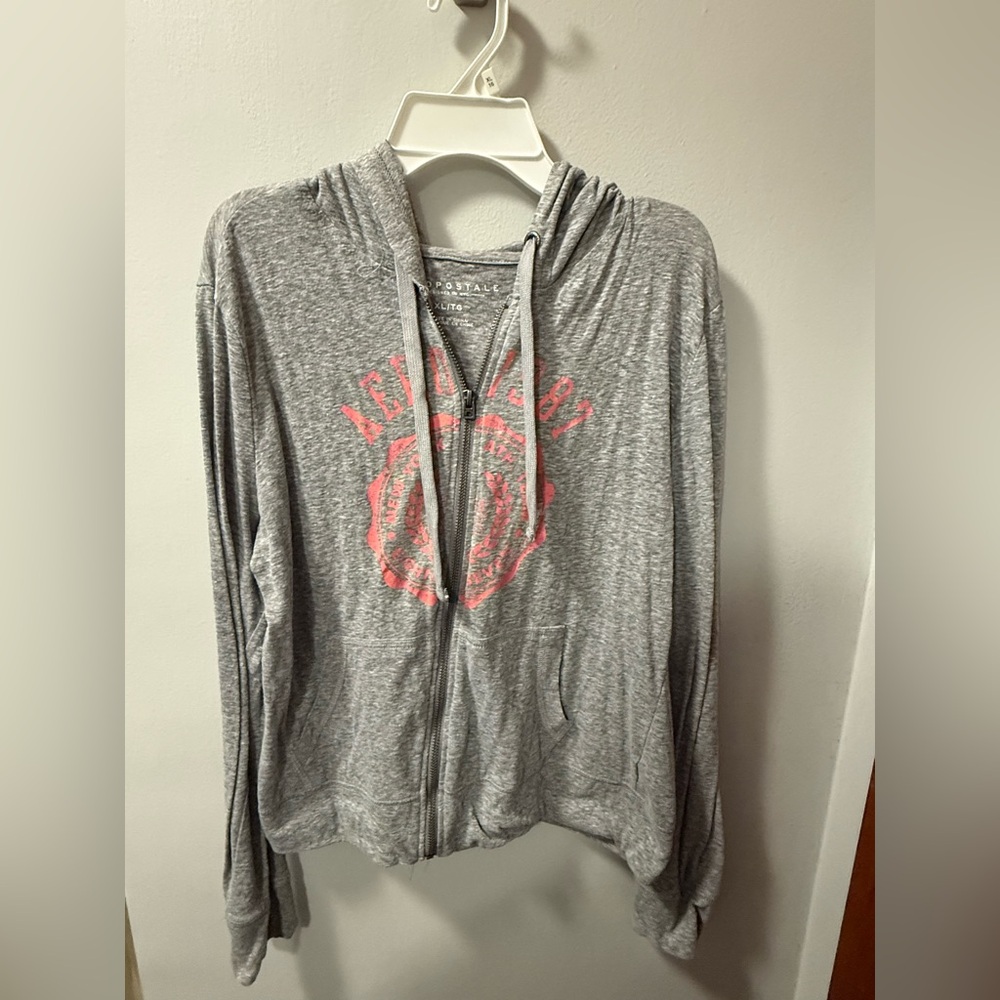 Aeropostale Heather Gray Zip Hoodie with Pink Accent